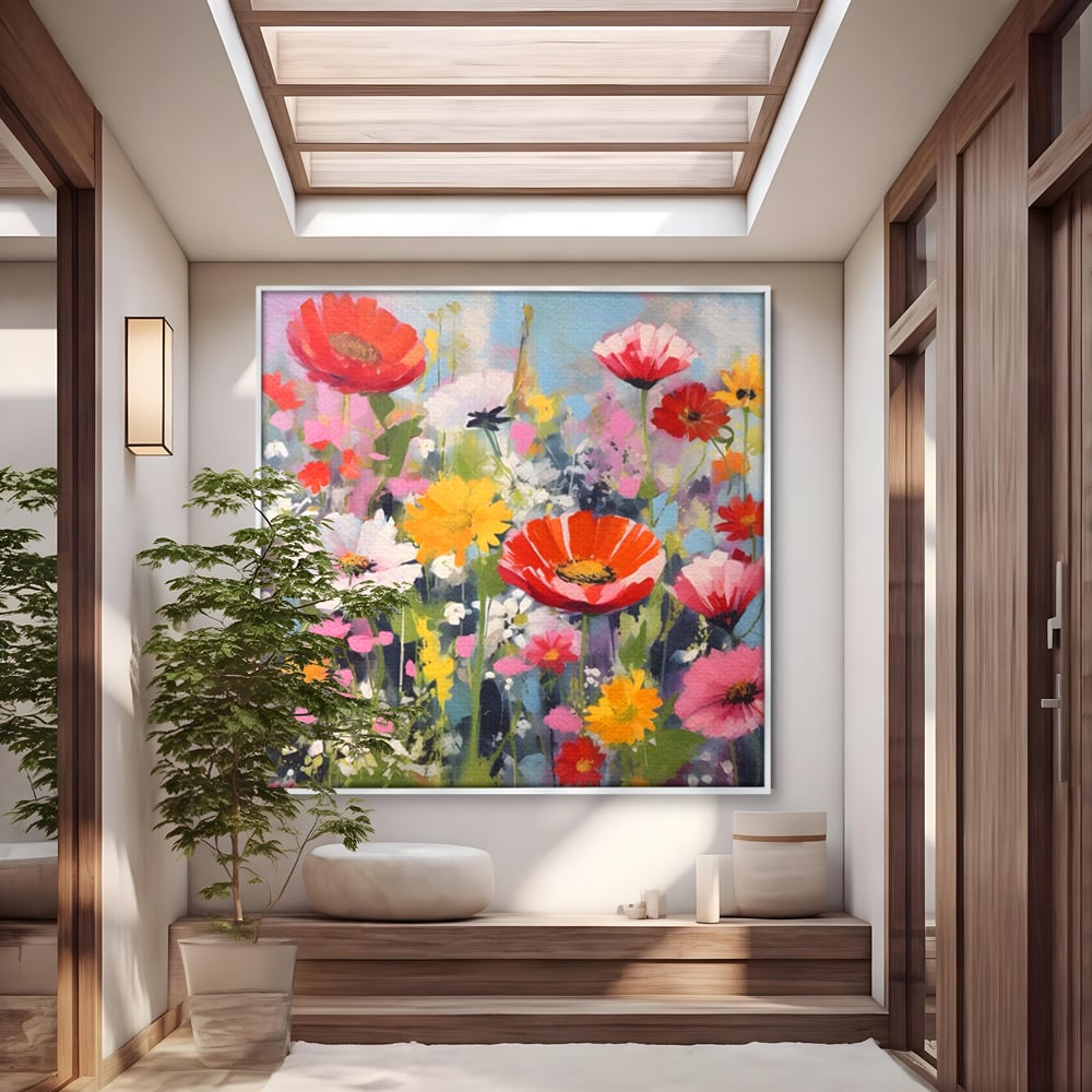 Tablou canvas cu pictura cu camp plin de flori colorate, in rama de aluminiu argintiu